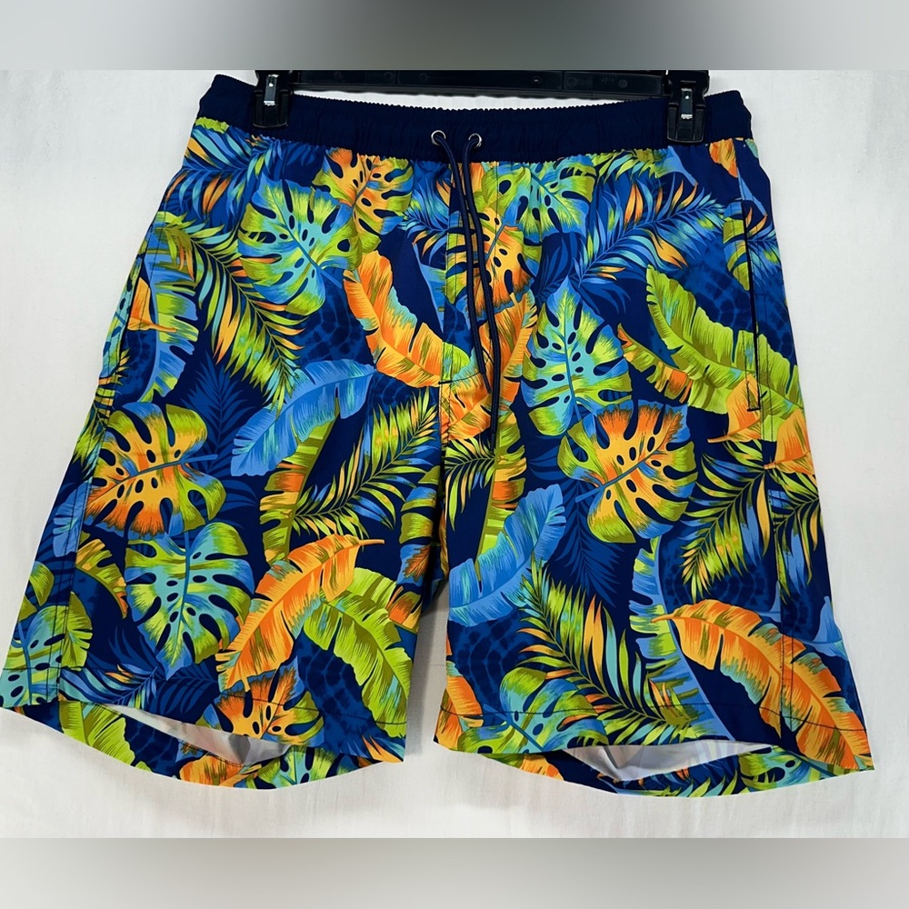 Hot Coals Swim Trunks Hawaiian Leaf Print Blue Green Orange Men's Size Large